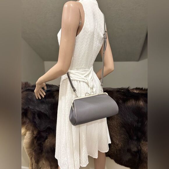 Gray Premium Cowhide Leather Handmade Bow Shaped Kisslock Baguette Bag/Crossbody - Picture 7 of 16